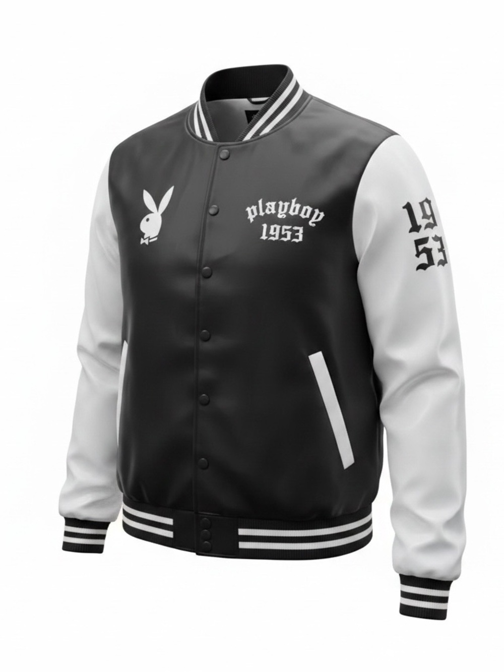 PLAYBOY Black and White Varsity Bomber Jacket